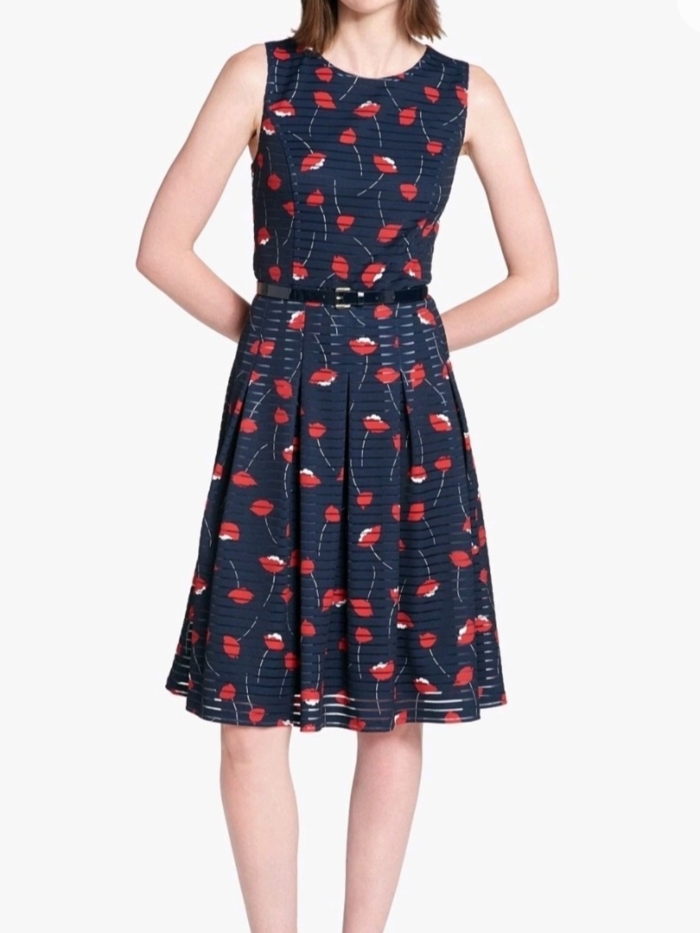 Sleeveless Illusion Stripe Dress Navy Blue Red Poppy Floral Zip Lined 4 FLAW